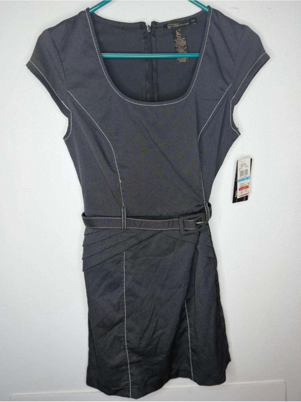 grass collection Charcoal Gray Cap-Sleeve Belted Mini Dress